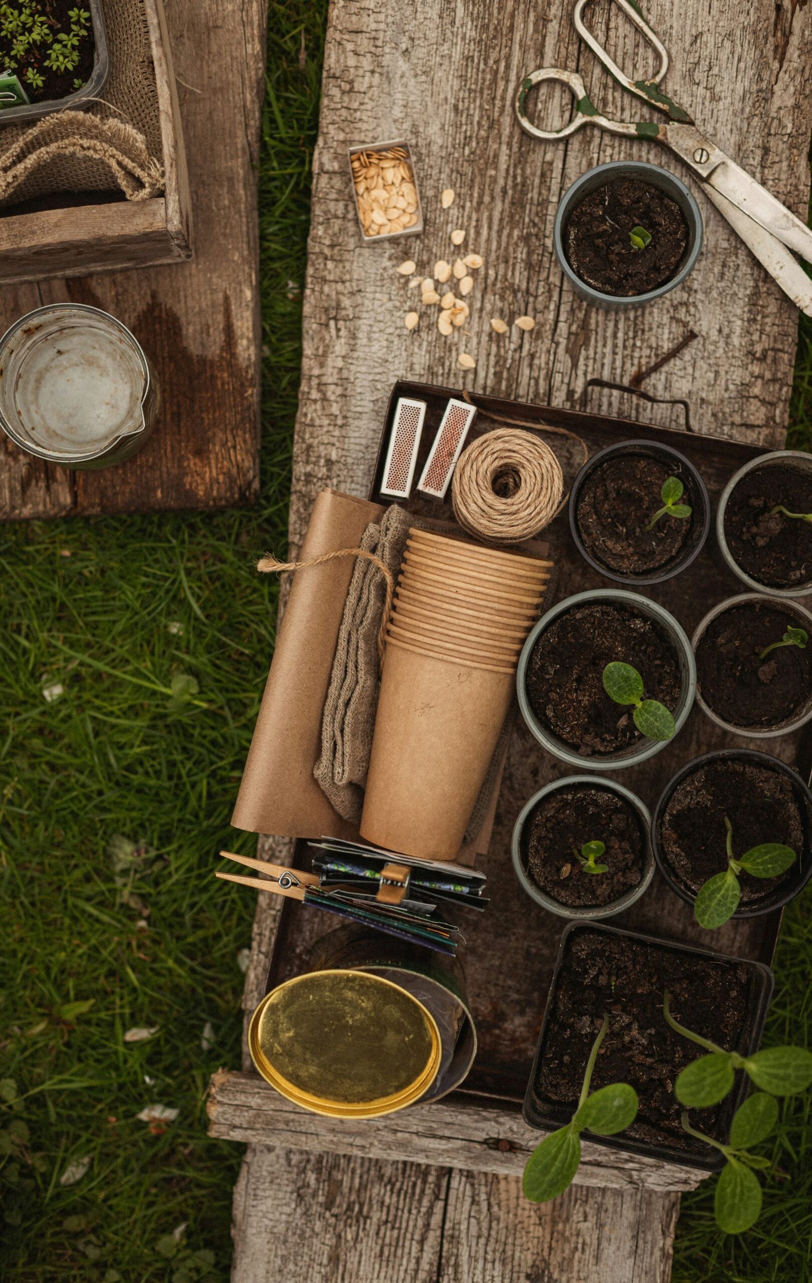 a wood box with a variety of objects in it